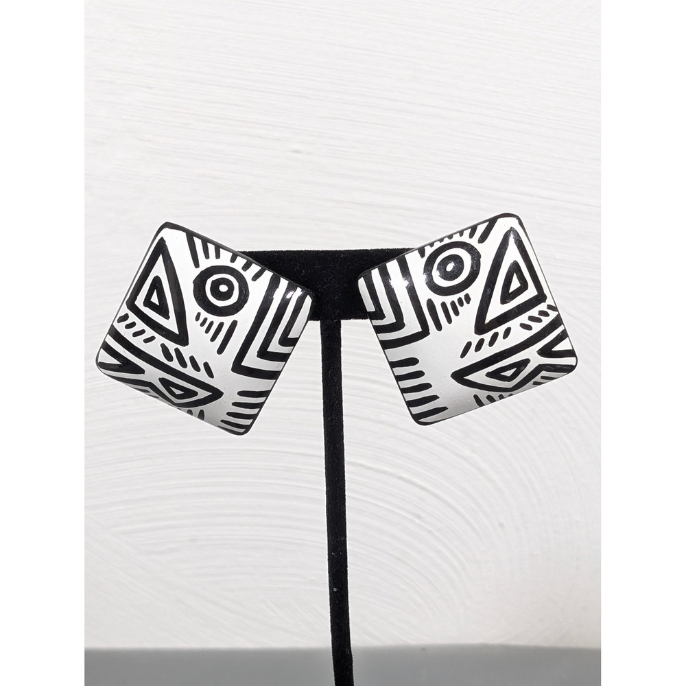 Vintage Black White Geometric Square Earrings Statement Retro Bold